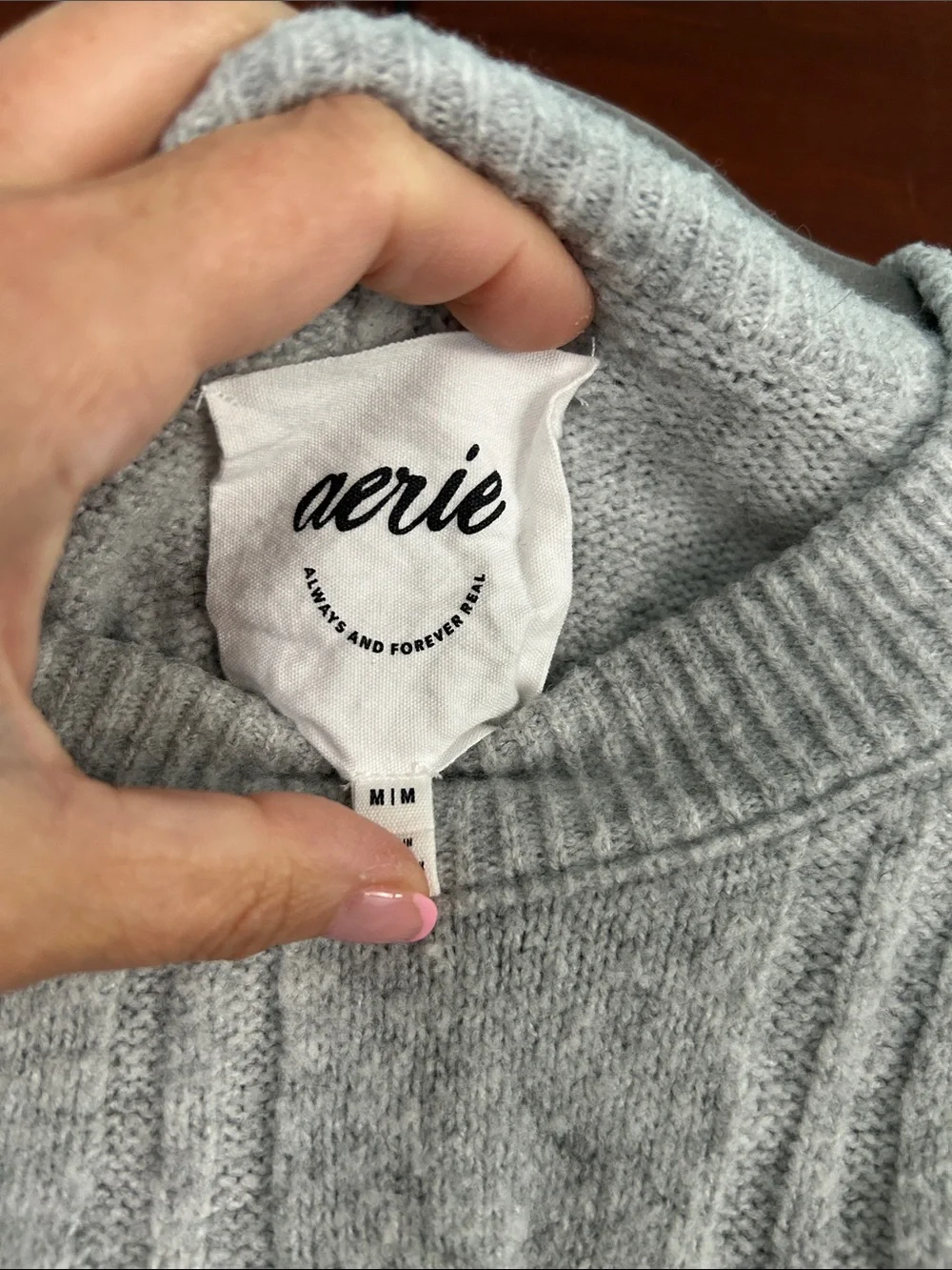 aerie Light Gray Cable-Knit Crewneck Sweater